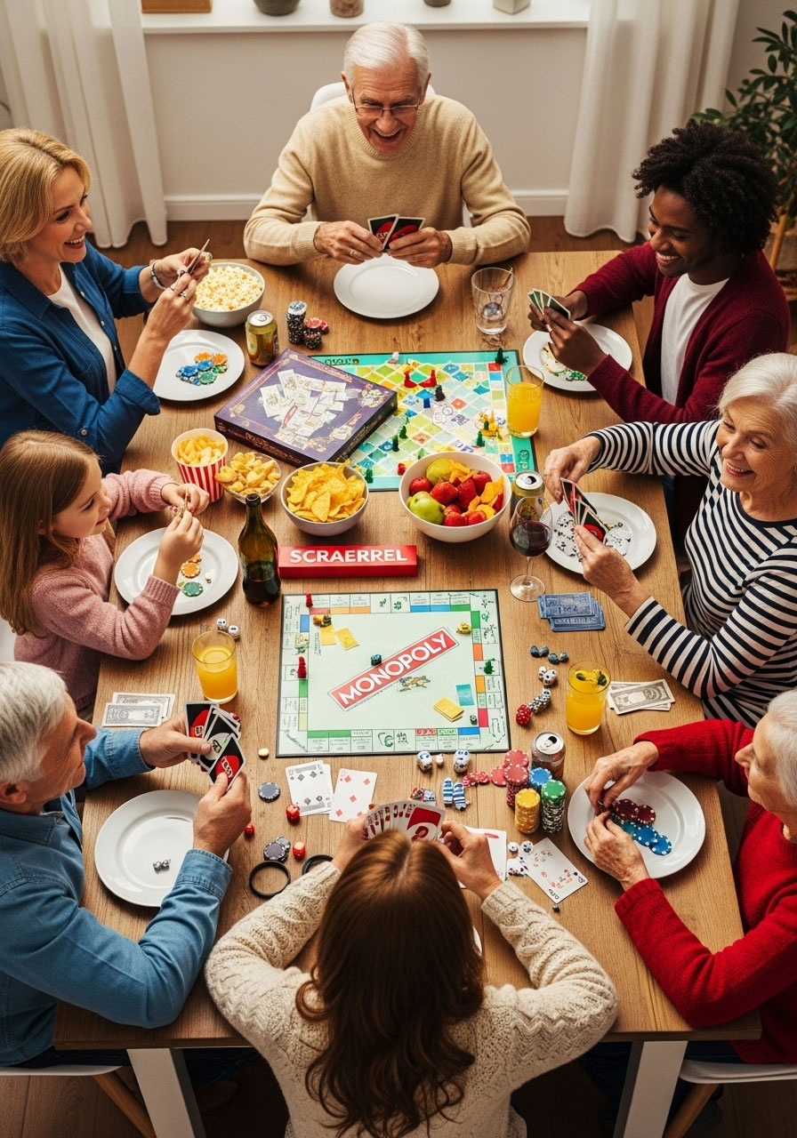 Family of all ages playing card games and board games together around dining table on Thanksgiving morning