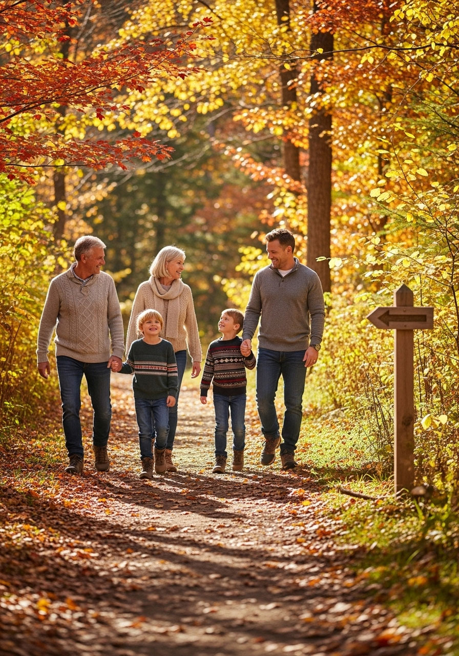 Family hiking together on a beautiful fall trail on Thanksgiving morning surrounded by autumn foliage