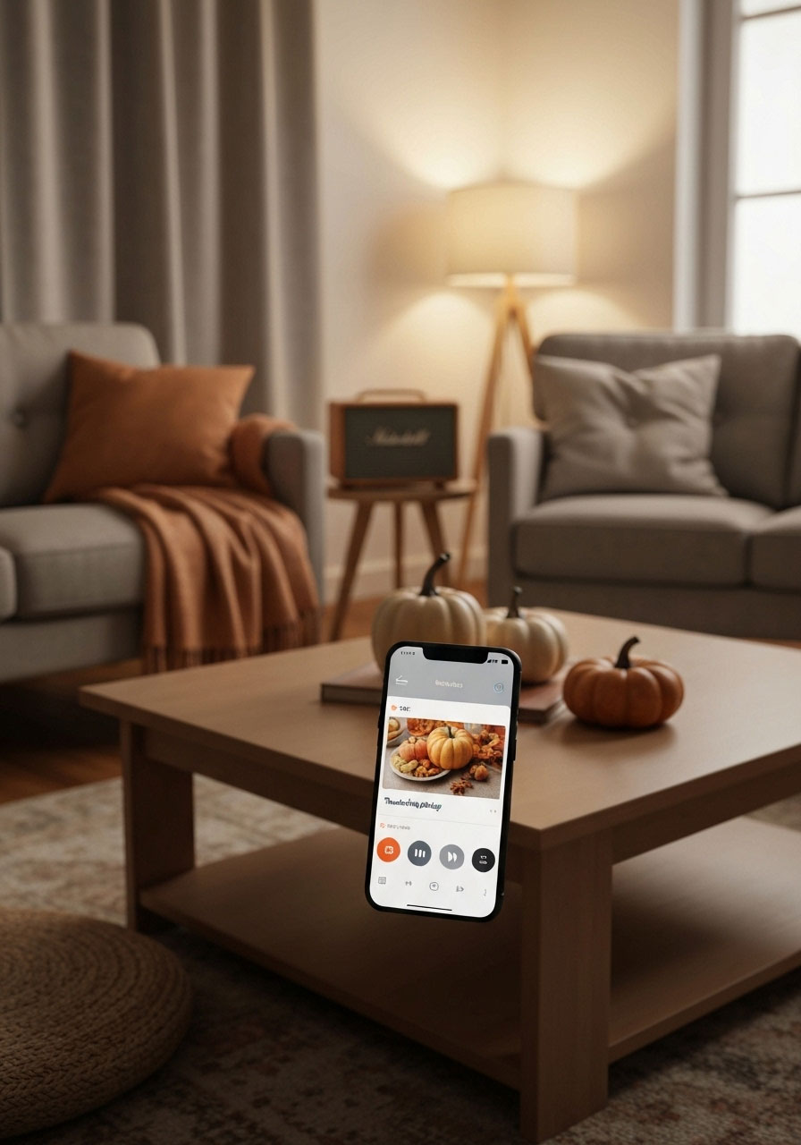 Smartphone displaying Thanksgiving music playlist on coffee table with cozy fall home decorations and ambient lighting