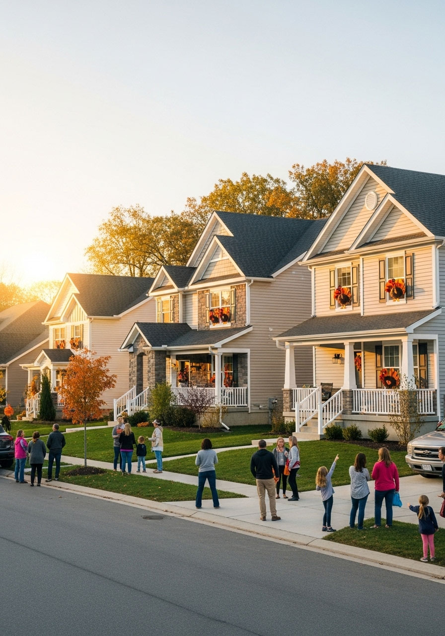 Suburban neighborhood street with multiple houses displaying turkey decorations in windows for community Thanksgiving activity