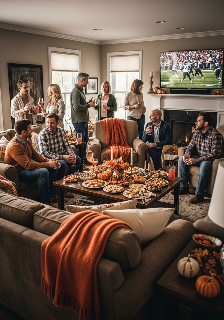 Thanksgiving guests arriving early enjoying appetizers and drinks in cozy living room before dinner