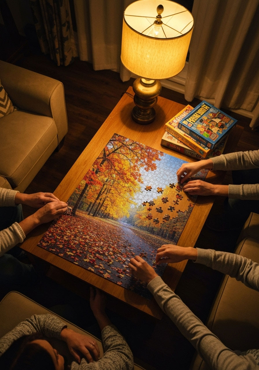 Thanksgiving puzzle and board game station with family members working together on fall-themed jigsaw puzzle