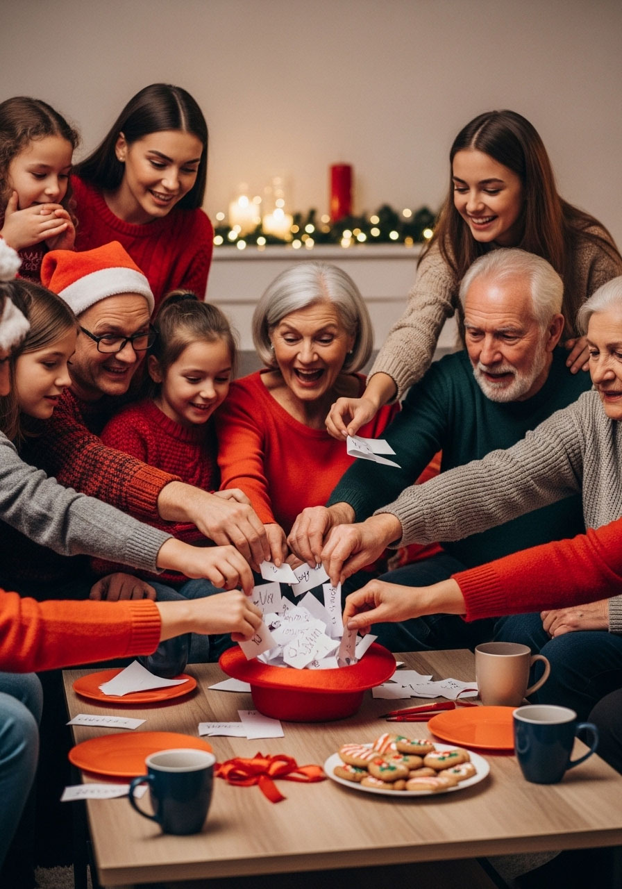 Family drawing Secret Santa names from hat on Thanksgiving morning to plan Christmas gift exchange