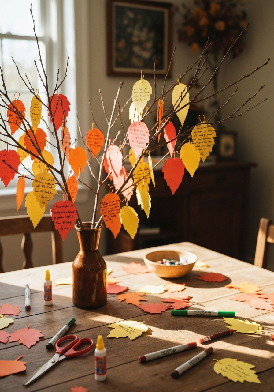 Thanksgiving thankful tree craft with colorful paper leaves displaying gratitude messages on decorative branches