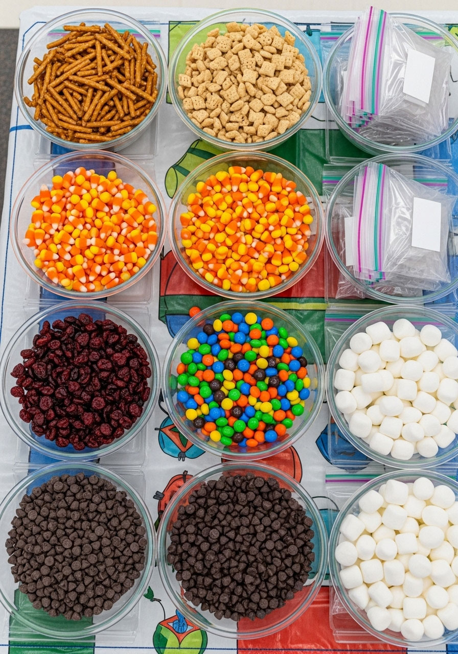 Thanksgiving trail mix bar with multiple toppings and bowls for customizable classroom party snack station