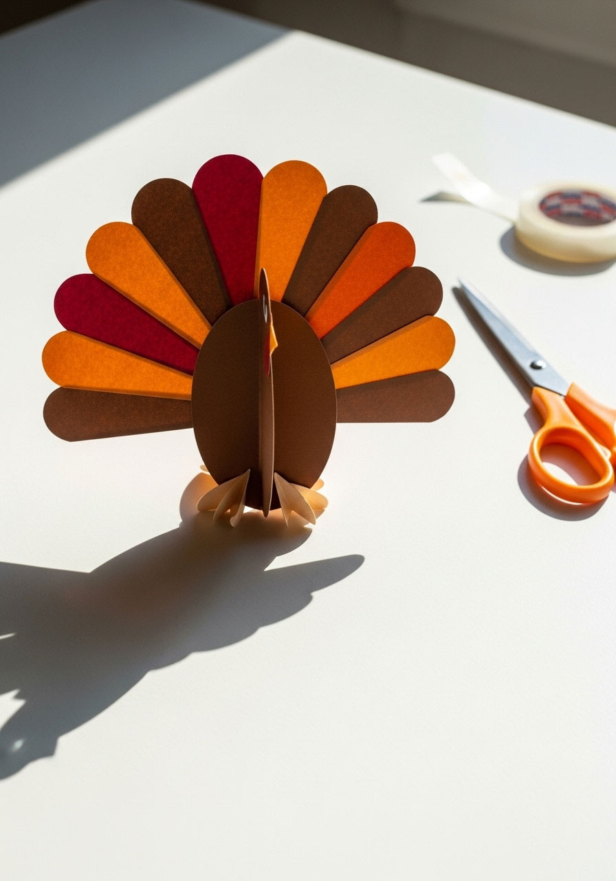 Paper turkey cutout with folded tabs for Thanksgiving STEM cage challenge activity