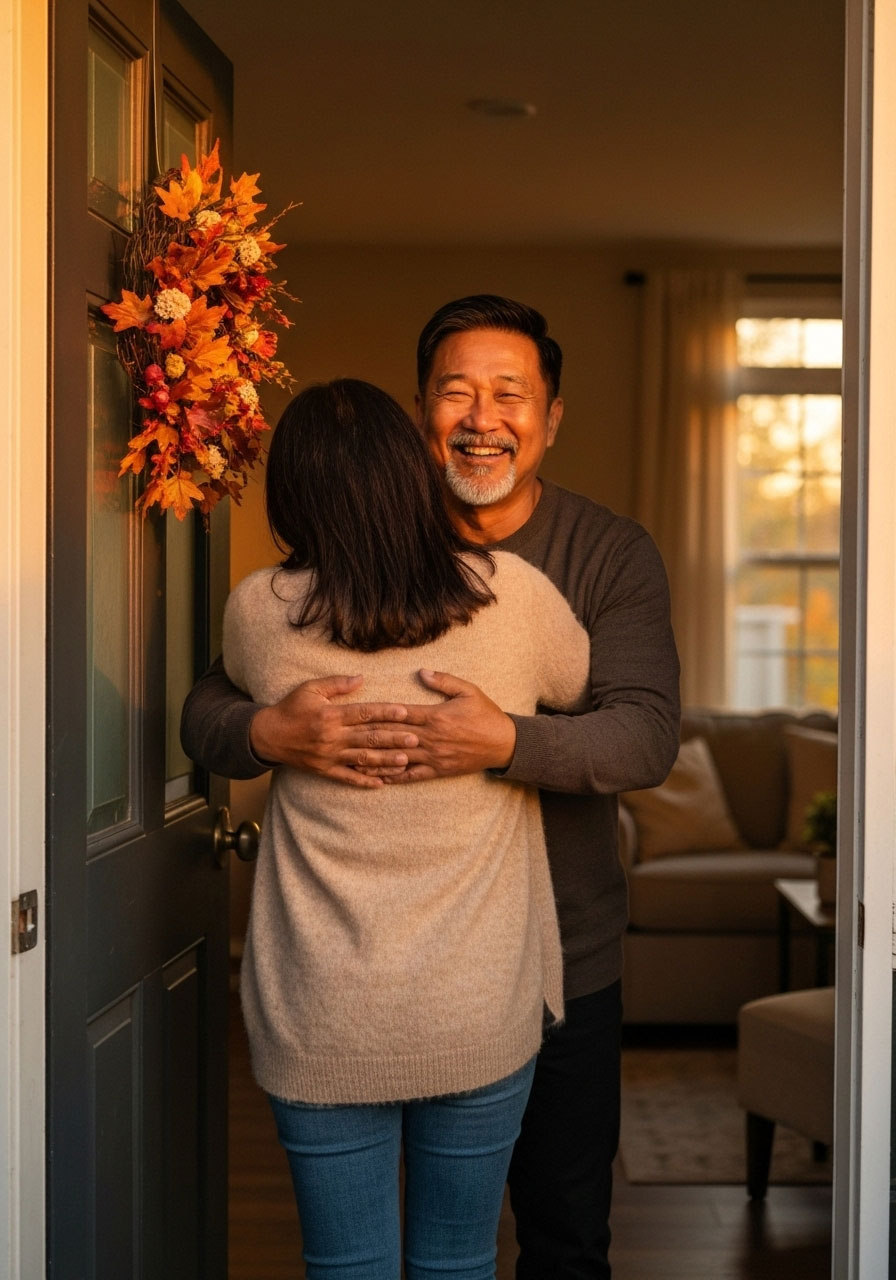Host warmly welcoming guest at front door for Thanksgiving dinner with fall decorations and inviting atmosphere