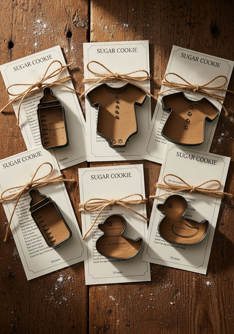 Charming baby-themed cookie cutters with attached recipe cards, a delightful and unique favor.