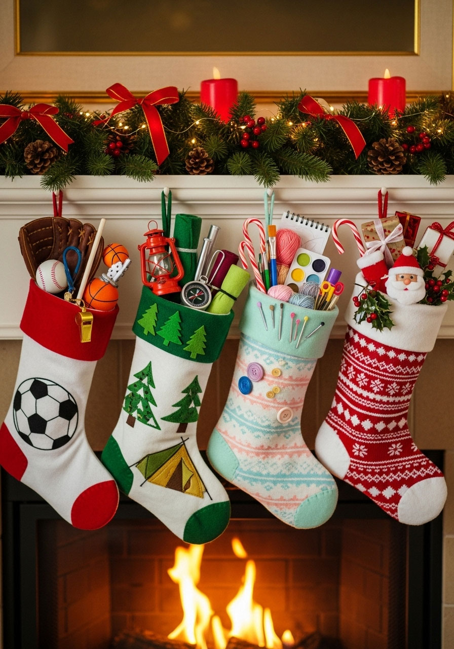 Four themed Christmas stockings showing different game variations including sports, camping, crafts and traditional holiday items