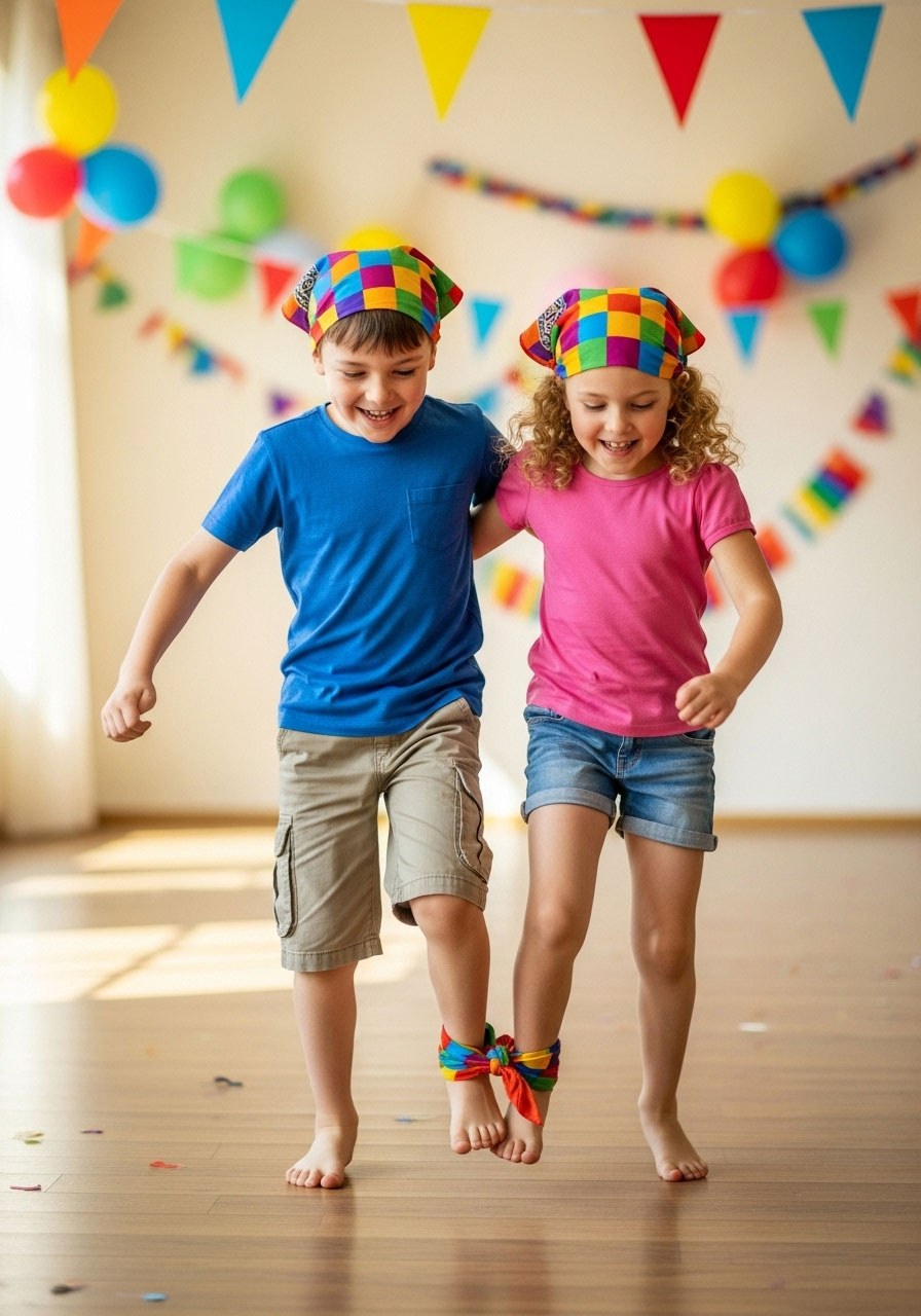 Two kids with tied legs running three-legged race at indoor birthday party