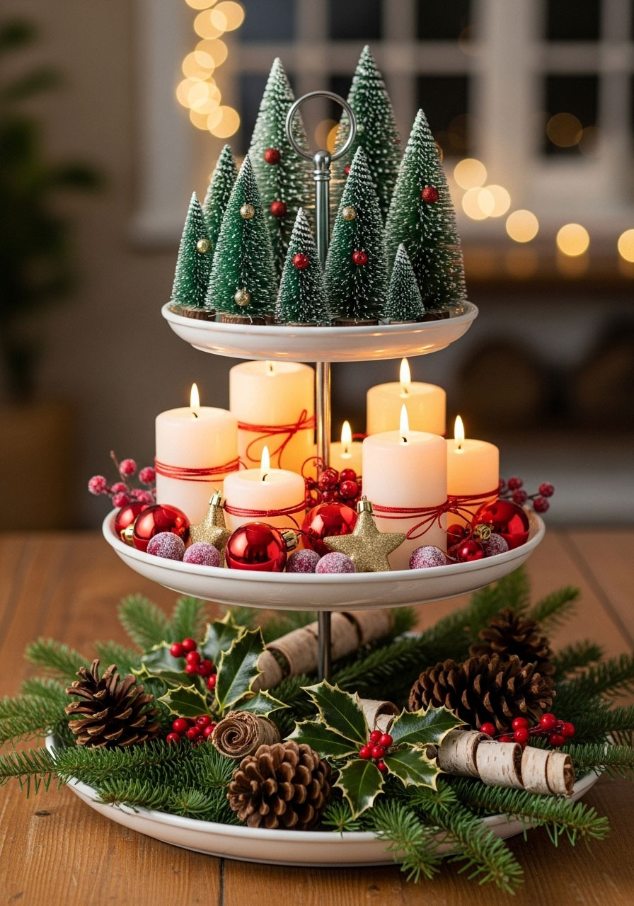 Christmas tiered tray centerpiece with mini trees, candles, ornaments and greenery on three levels