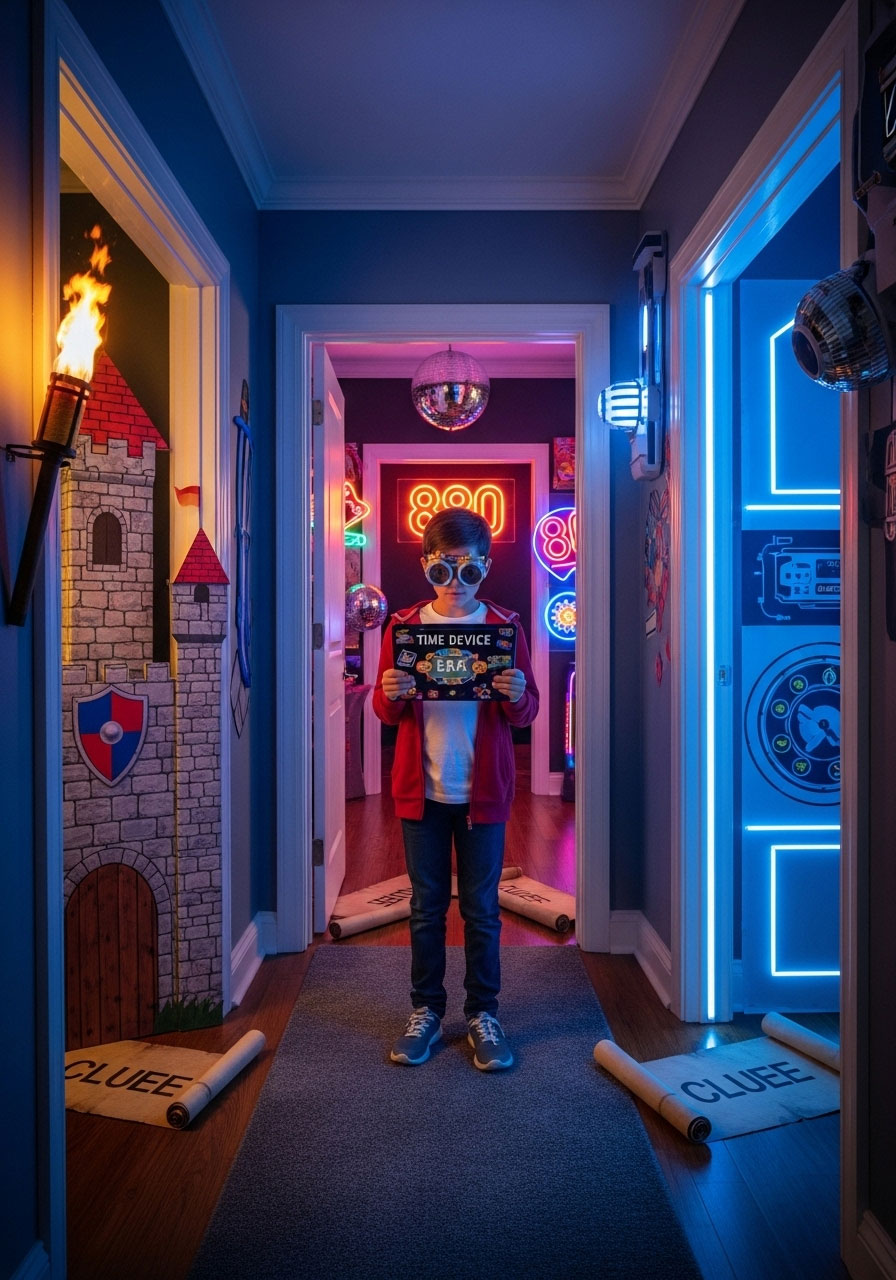 Teen time traveler choosing between different historical era doorways at themed scavenger hunt