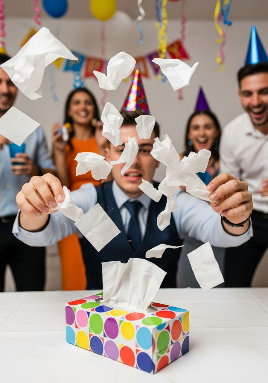 Hands quickly pulling tissues from box creating flying paper effect for birthday party game