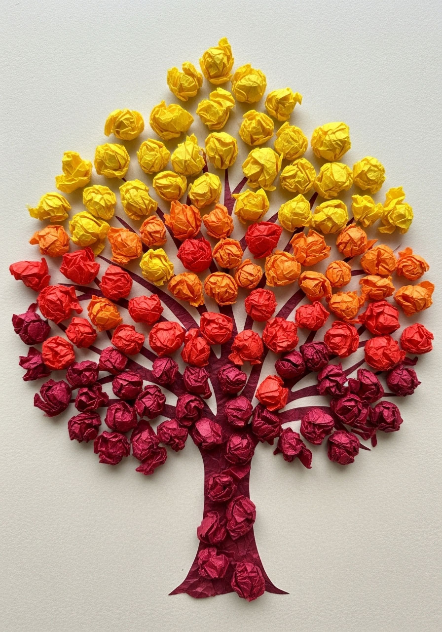 Tissue paper fall tree craft with crumpled 3D autumn leaves for children