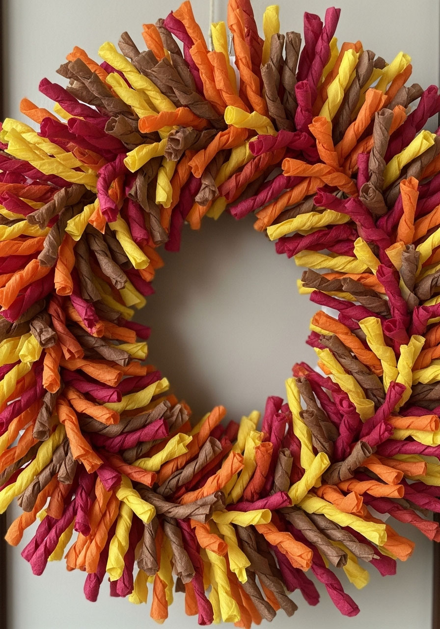 Tissue paper fall wreath craft with twisted colorful autumn decoration for kids