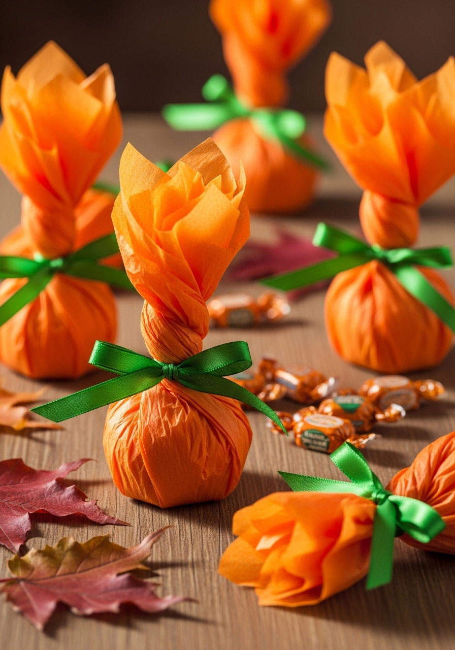 Tissue paper pumpkin favors craft for autumn parties and treats for kids