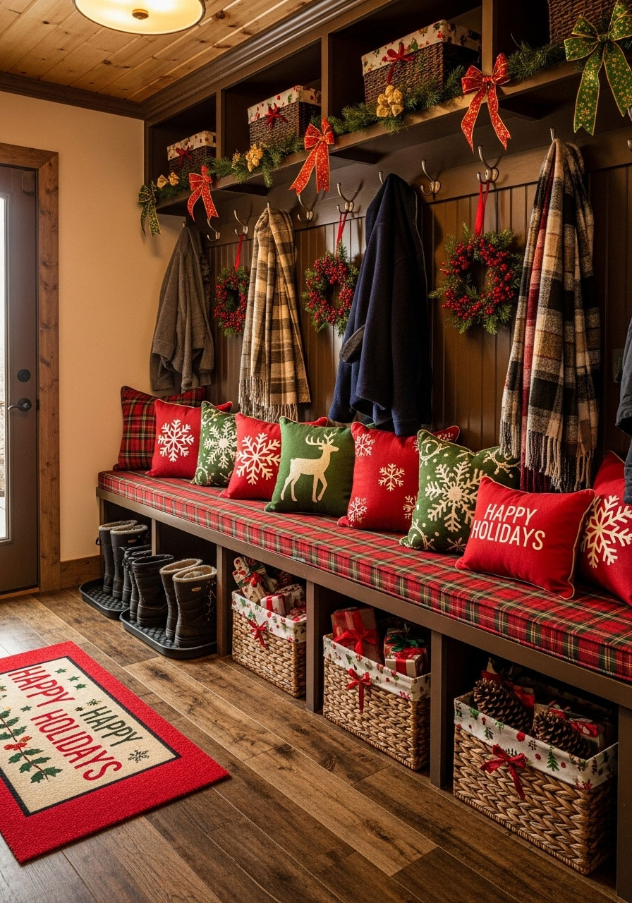 Organized cabin mudroom decorated for Christmas with festive hooks, cushioned bench, holiday mat, and storage baskets