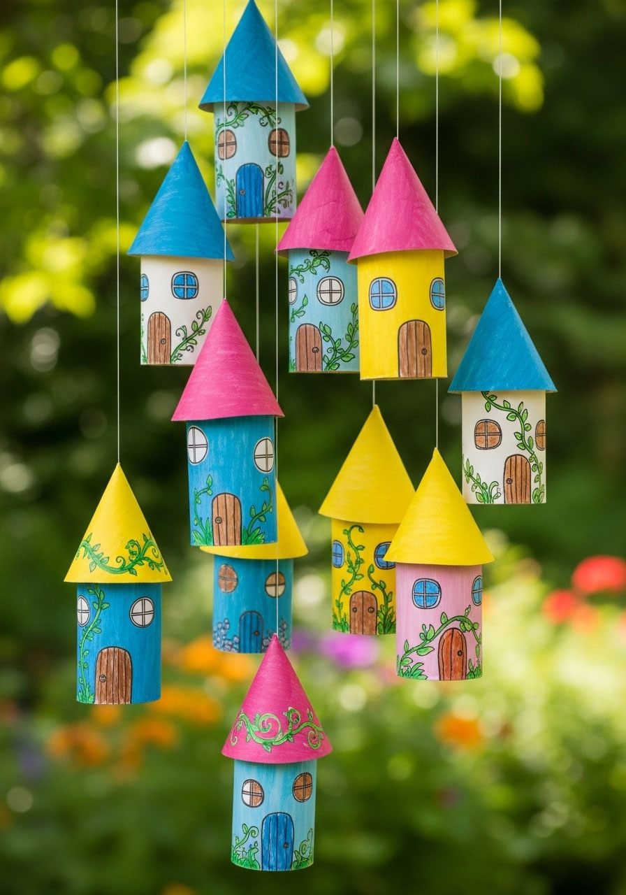 Colorful fairy-tale houses made from toilet paper rolls with cone roofs windows and doors hanging in garden display