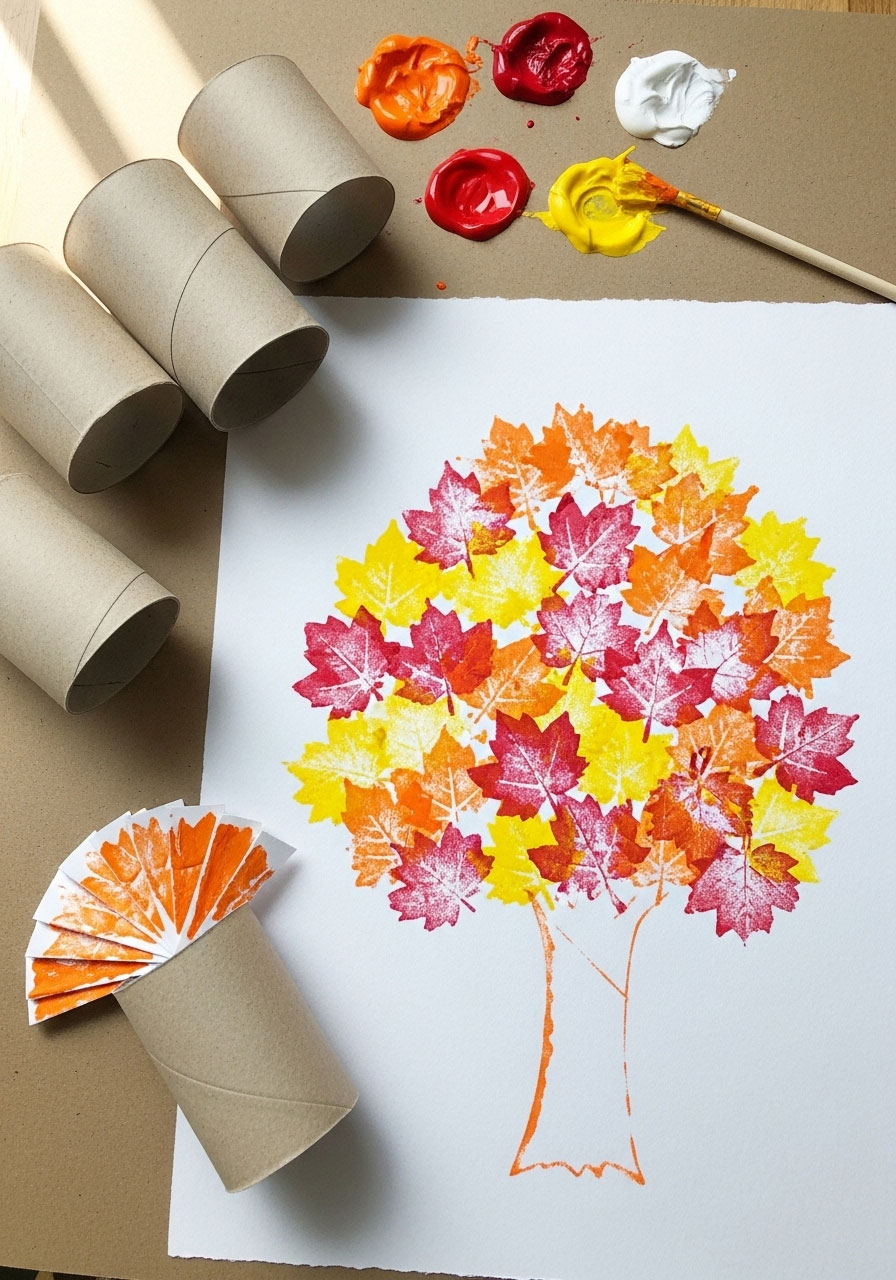 Toilet paper roll leaf stamping tree craft showing autumn painting technique for kids