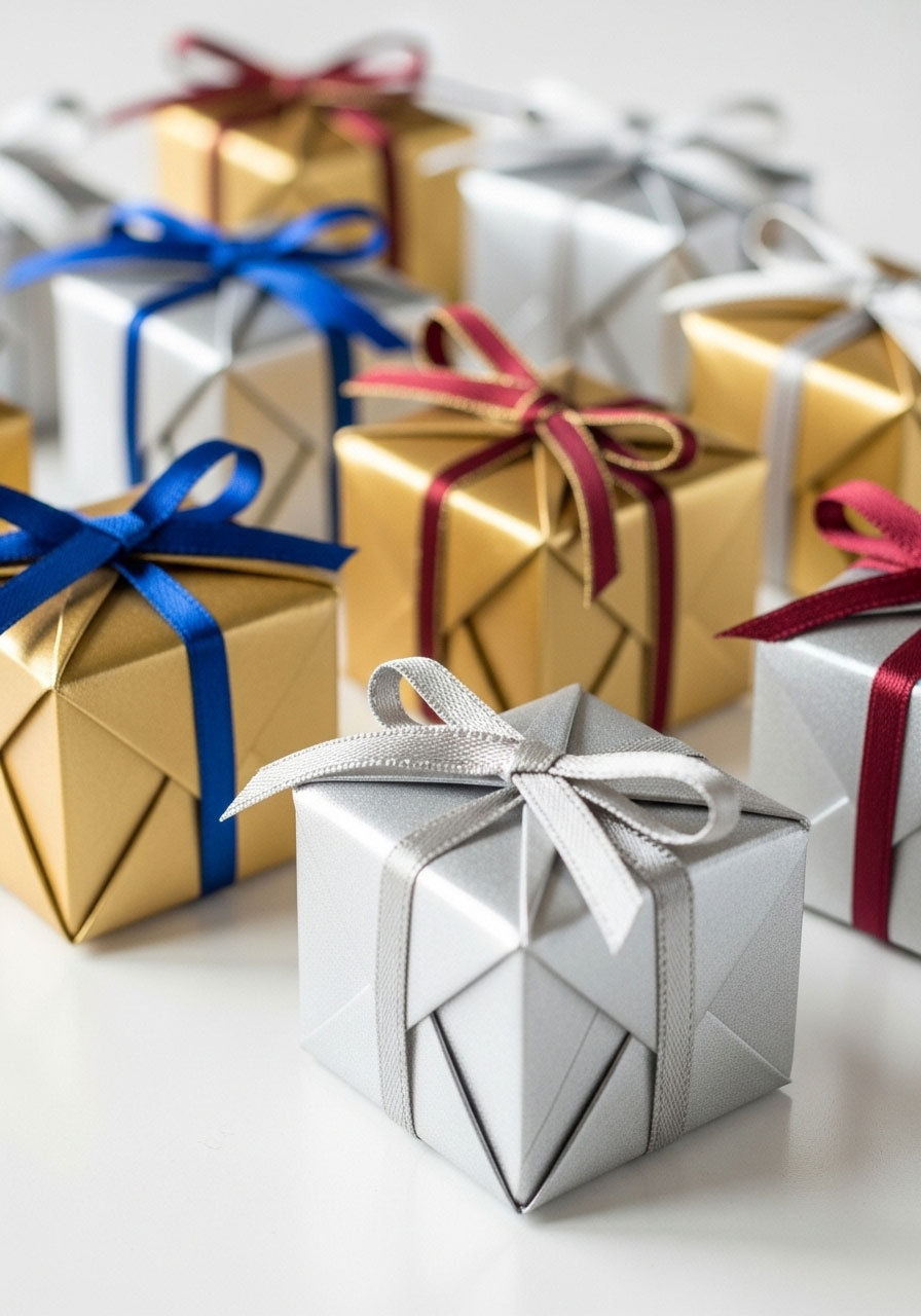 Miniature gift boxes crafted from toilet paper rolls painted gold and silver with ribbon ties displayed on white surface