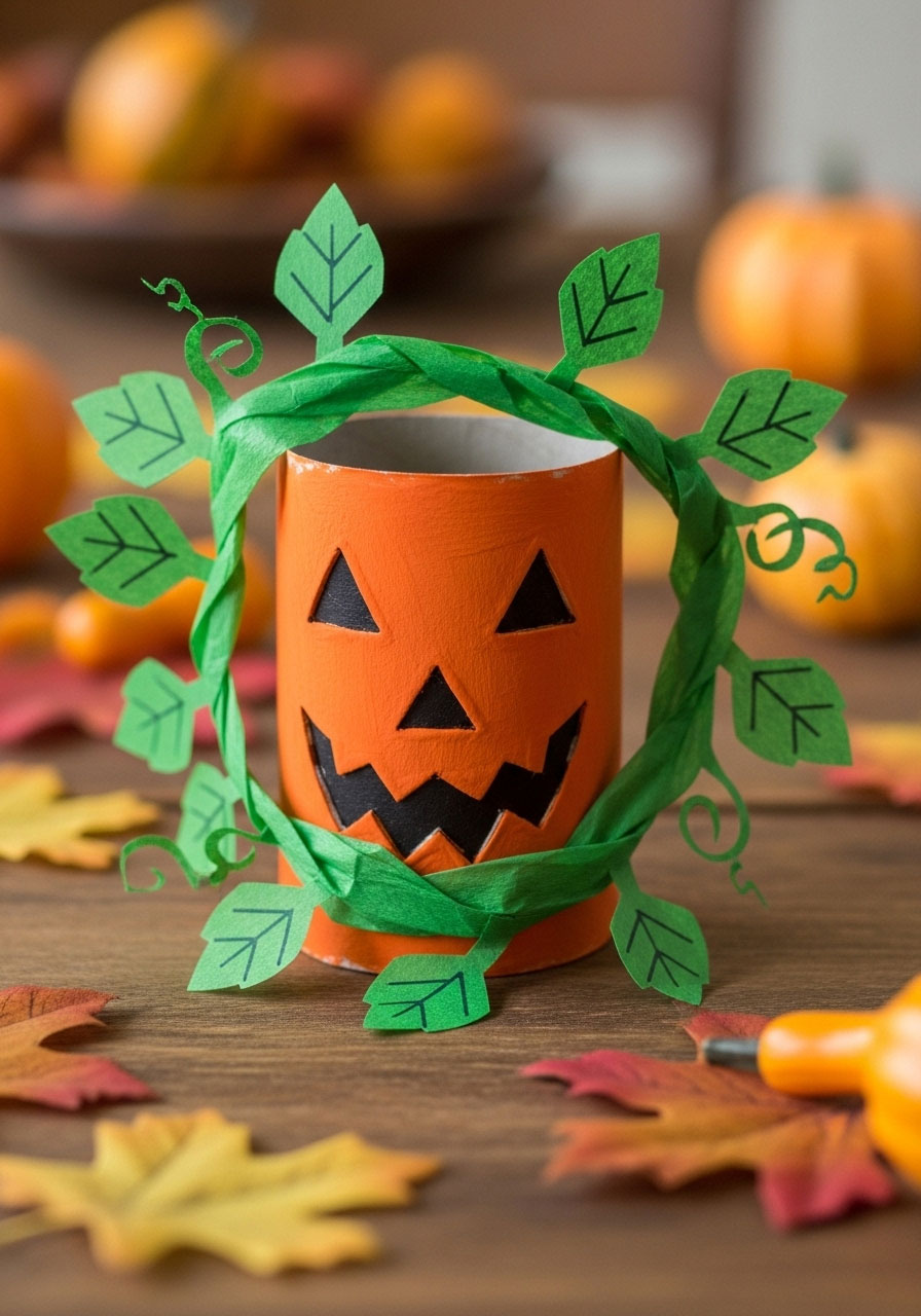 Toilet paper roll pumpkin craft with jack-o-lantern face for children