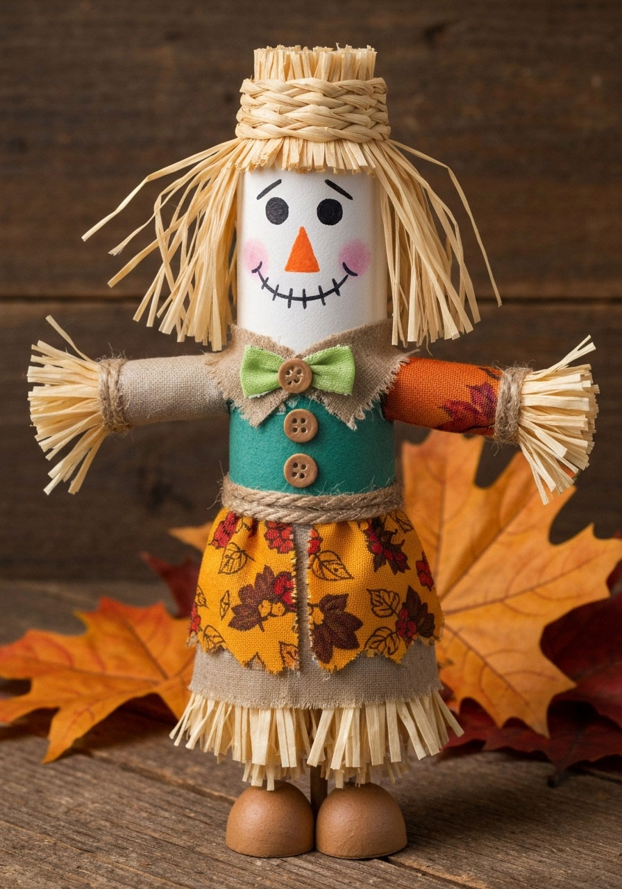 Toilet paper roll scarecrow craft with raffia hair for kids