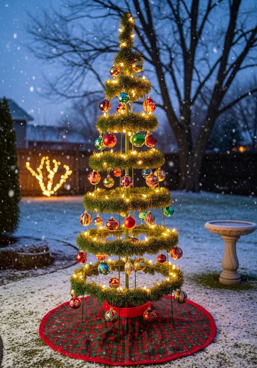 DIY fully decorated tomato cage Christmas tree