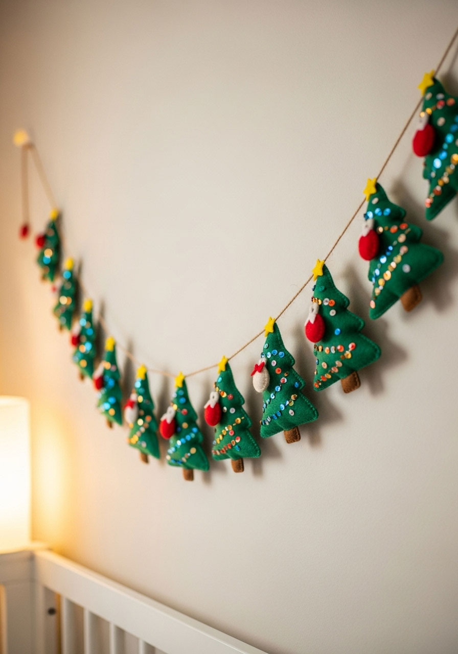 Finished Christmas tree garland on nursery wall showing decorated tree shapes