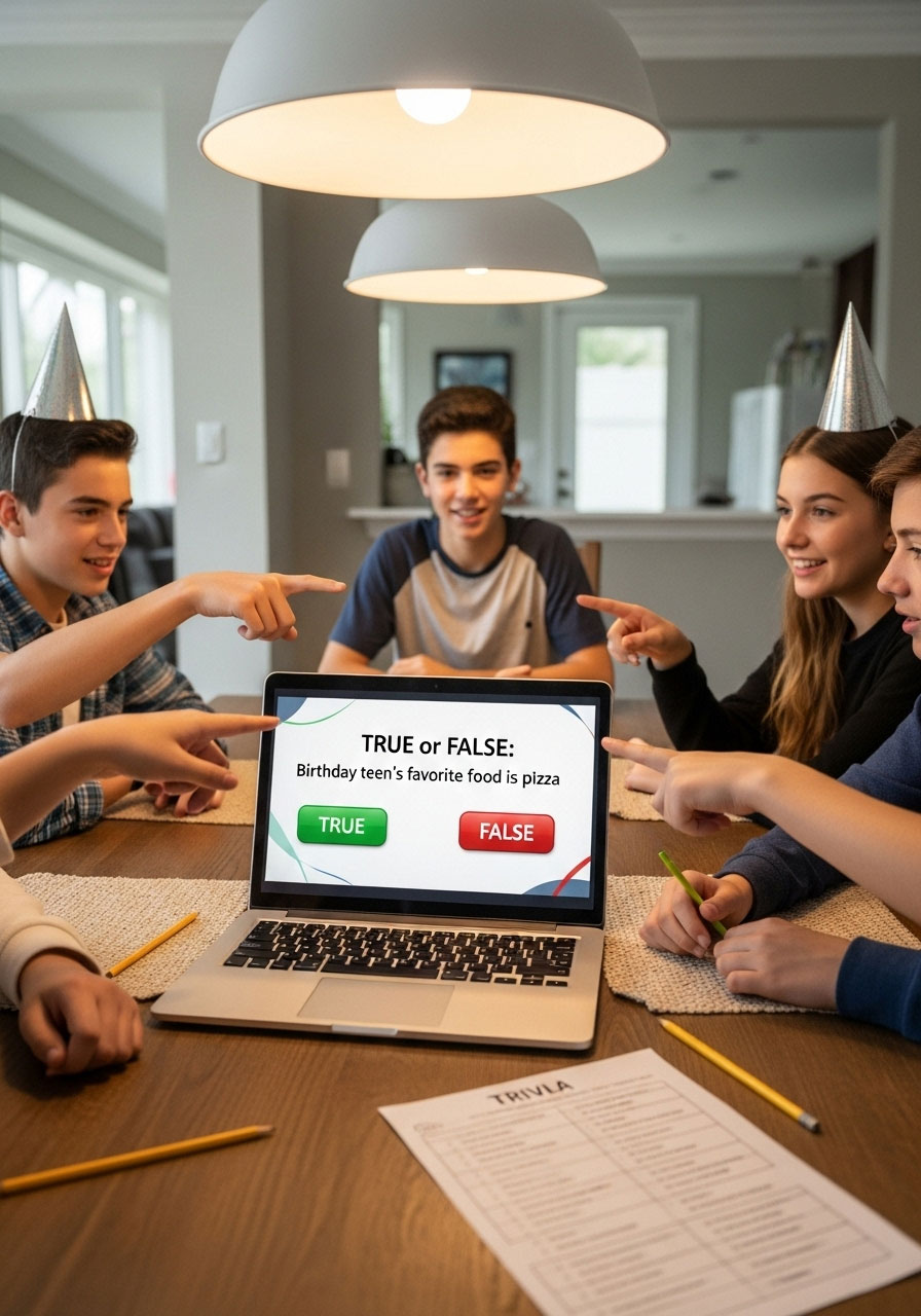 Teens playing true or false birthday trivia challenge as part of scavenger hunt