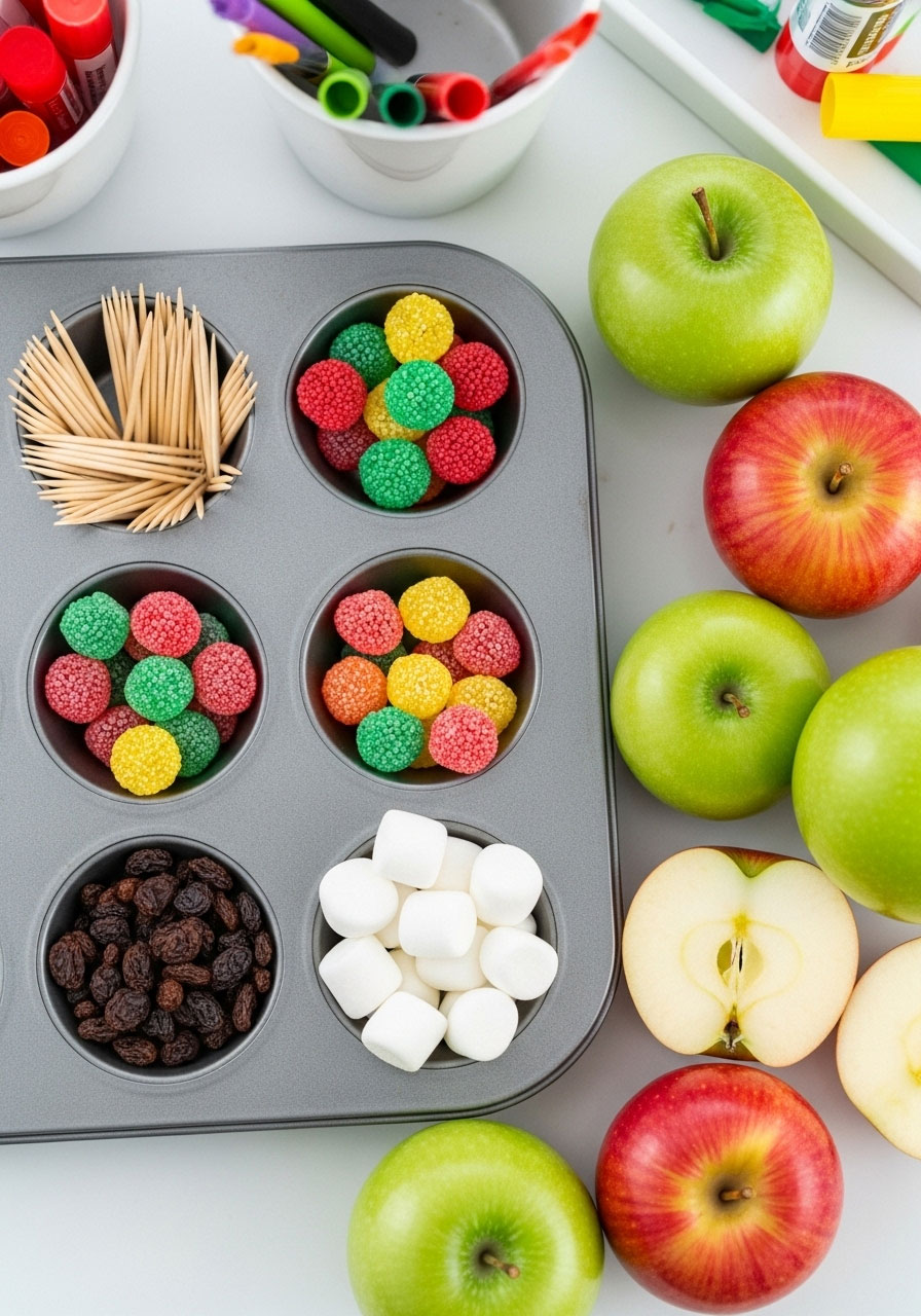 Organized craft supplies in muffin tin with gumdrops, toothpicks, raisins, and marshmallows for turkey apple craft activity