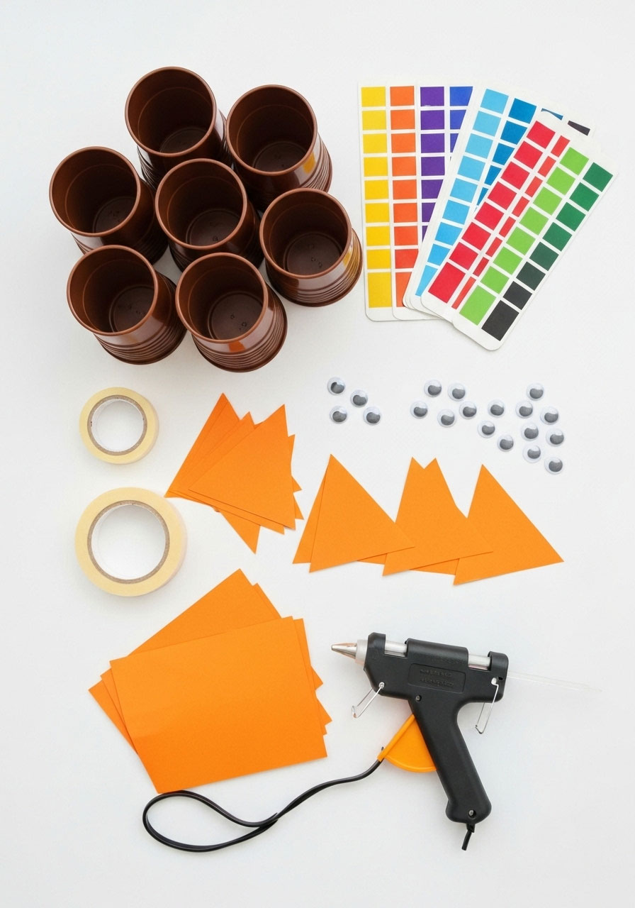 All materials needed for turkey bowling Thanksgiving game including cups, paint strips, googly eyes and glue