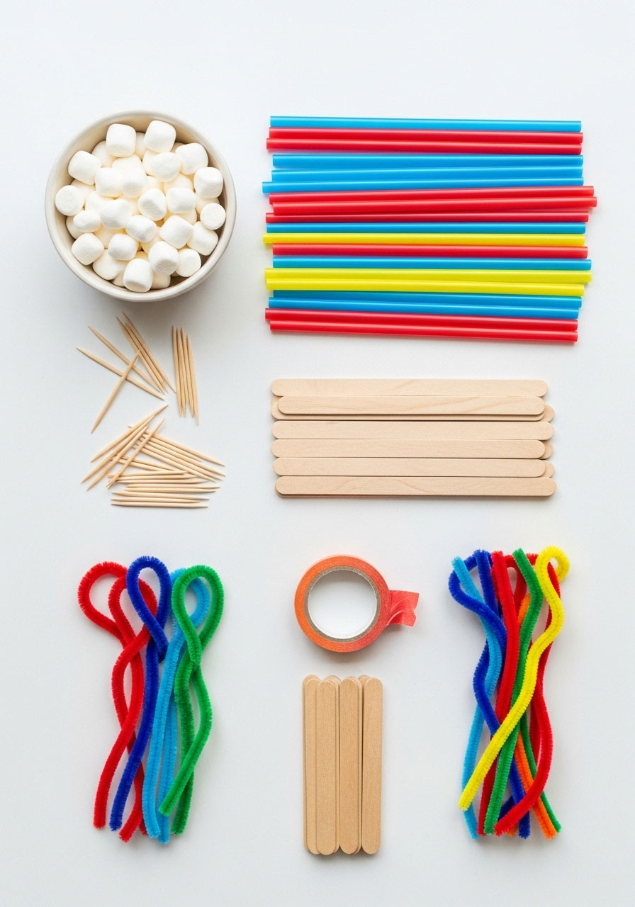 Assorted building materials including marshmallows, toothpicks, and craft supplies for turkey cage STEM activity