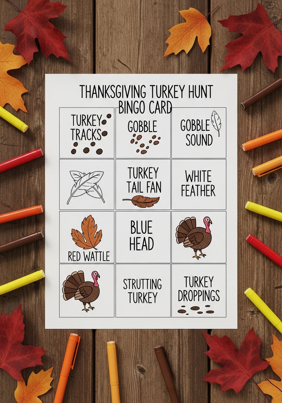 Turkey hunt bingo card with different turkey characteristics for Thanksgiving neighborhood scavenger hunt game variation