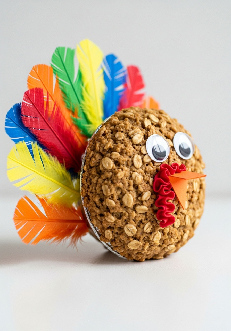 Oatmeal creme pie turkey decorated with feathers and googly eyes for easy Thanksgiving classroom snack
