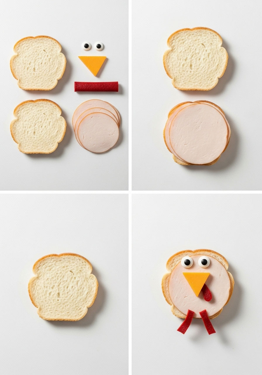 Step-by-step guide showing how to make cute turkey-shaped sandwiches with edible eyes, cheese beak, and fruit strip for kids party