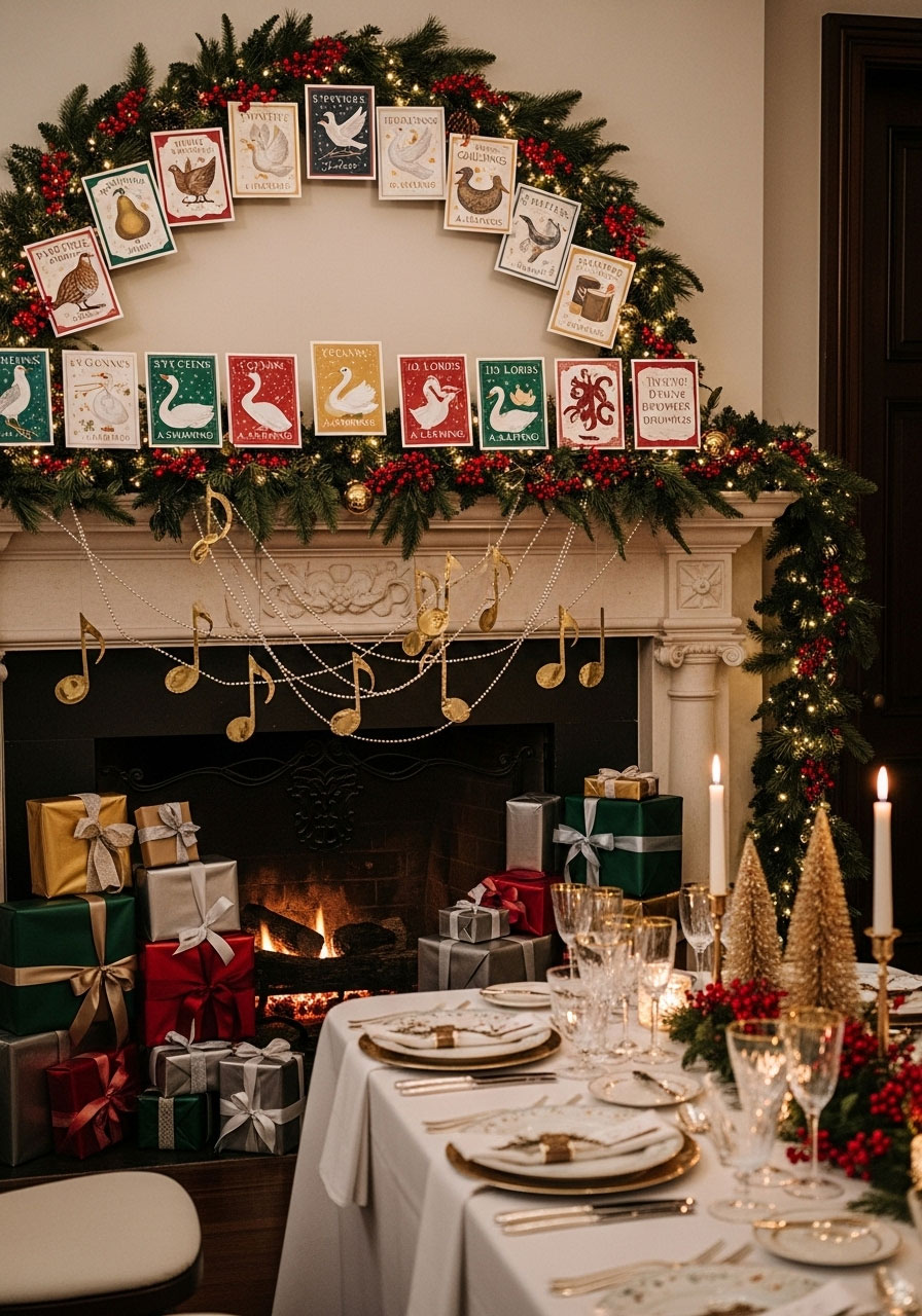 Twelve days of Christmas themed cards and wrapped gifts for festive song inspired gift exchange party game
