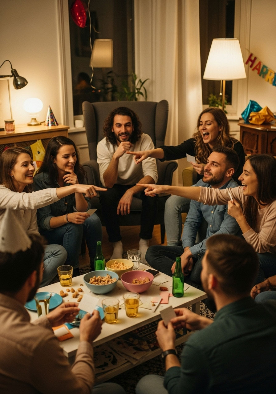 Friends playing Two Truths and a Lie icebreaker game at birthday party gathering