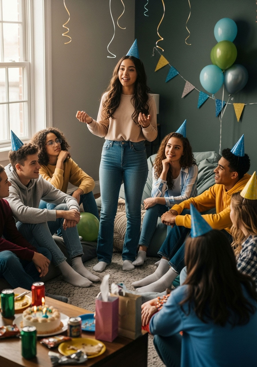 Teenager telling two truths and a lie to friends at party icebreaker game
