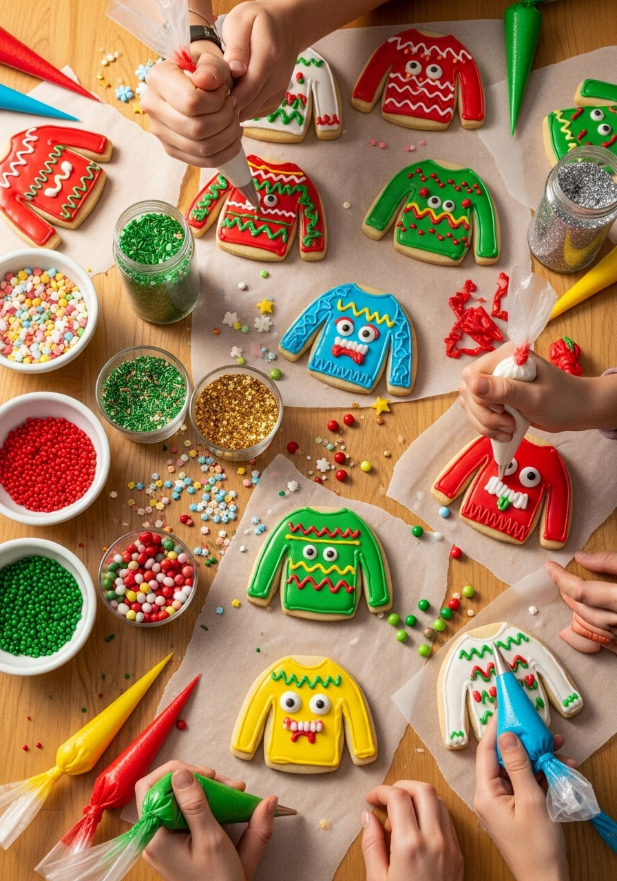 Overhead view of teenagers decorating ugly Christmas sweater cookies with colorful icing, sprinkles, and festive toppings on kitchen table