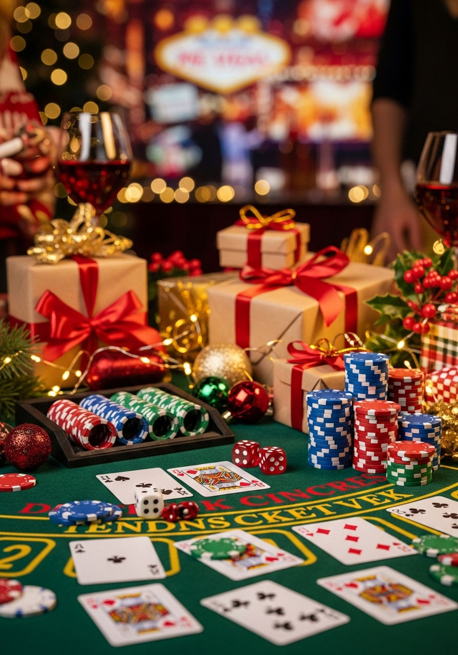 Vegas style blackjack cards dice and poker chips with wrapped Christmas gifts for casino themed gift exchange party
