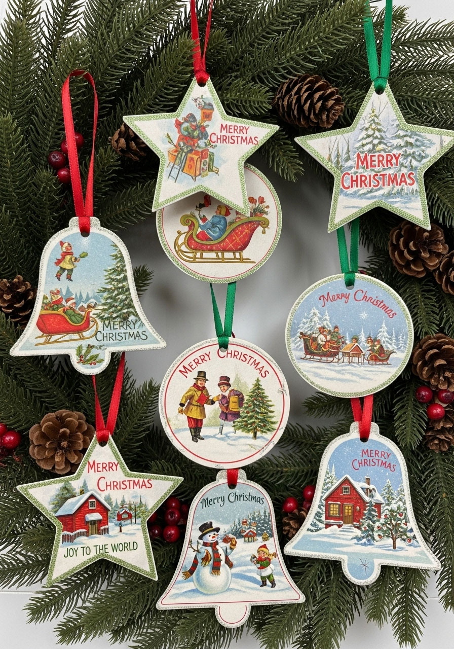 Upcycled vintage Christmas card ornaments with layered nostalgic images and glitter edges for sentimental tree decoration