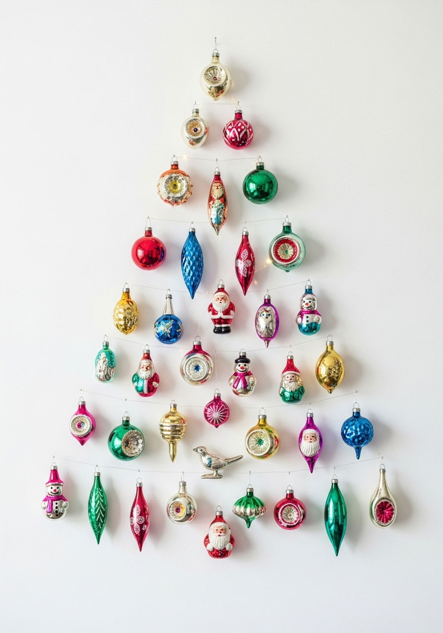 Vintage ornament wall Christmas tree display, creative adult craft idea for alternative holiday decor