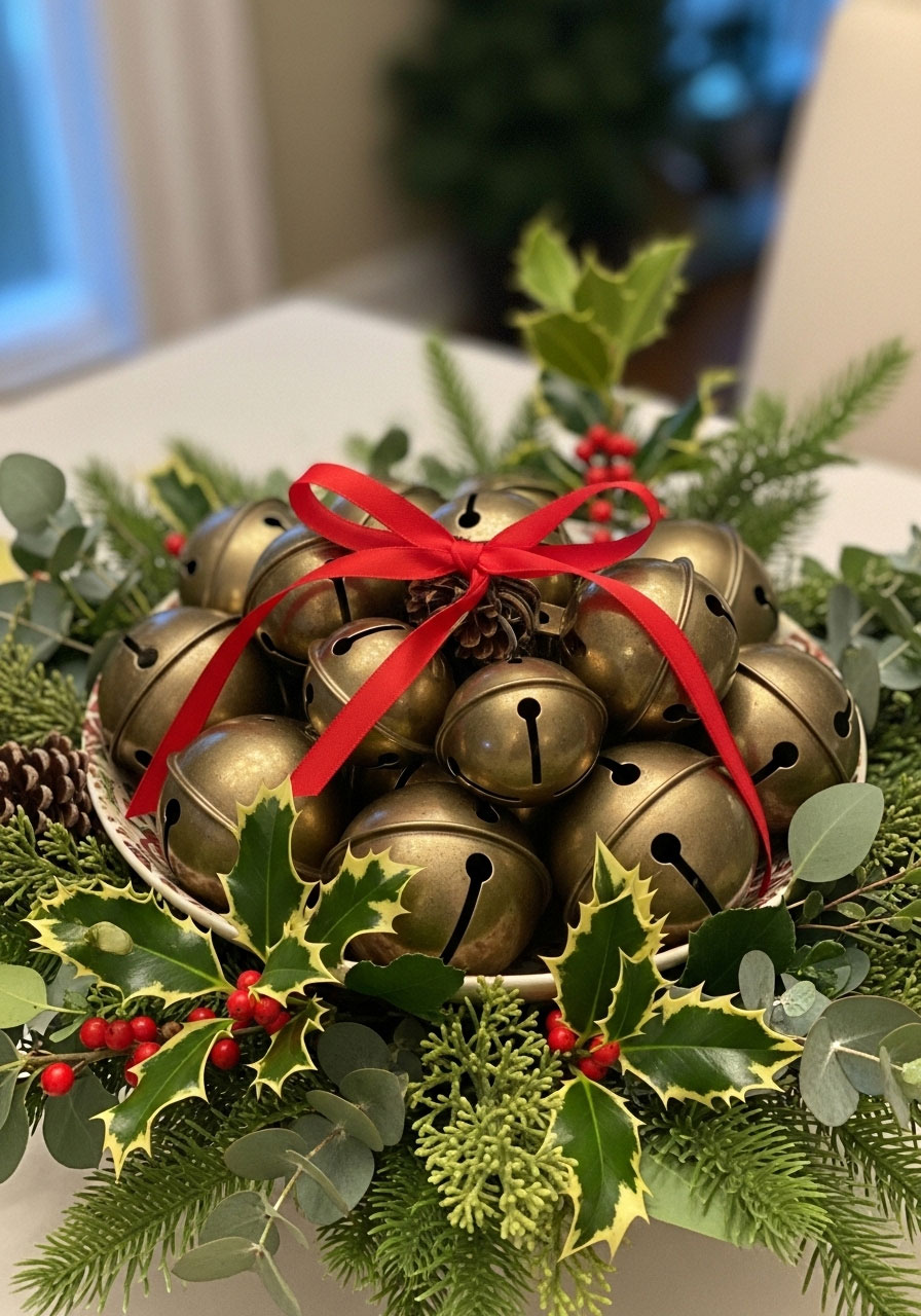 Vintage sleigh bell Christmas centerpiece in decorative bowl with red ribbon and greenery