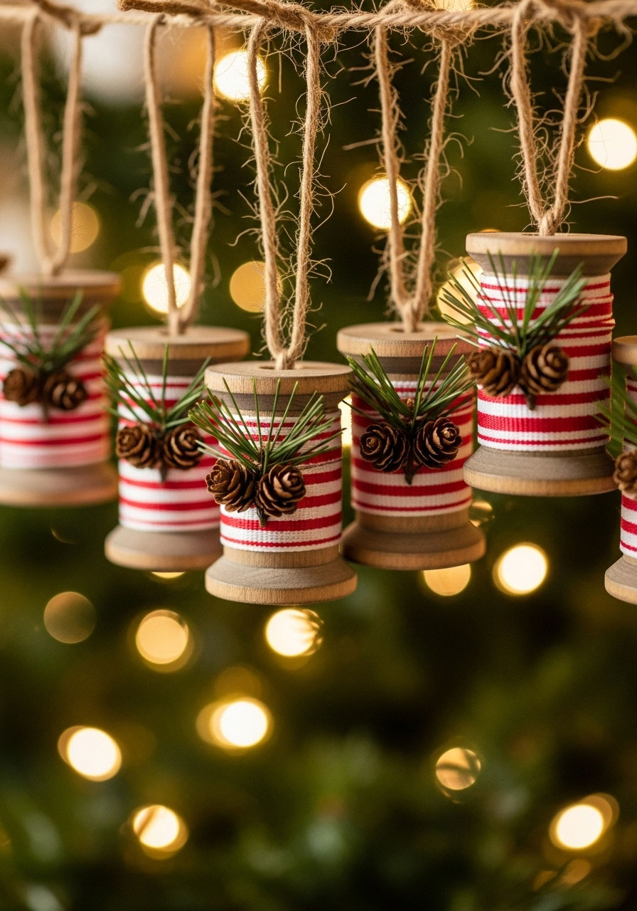 Vintage wooden thread spool ornaments decorated with festive ribbon and greenery hanging on Christmas tree for rustic holiday decor