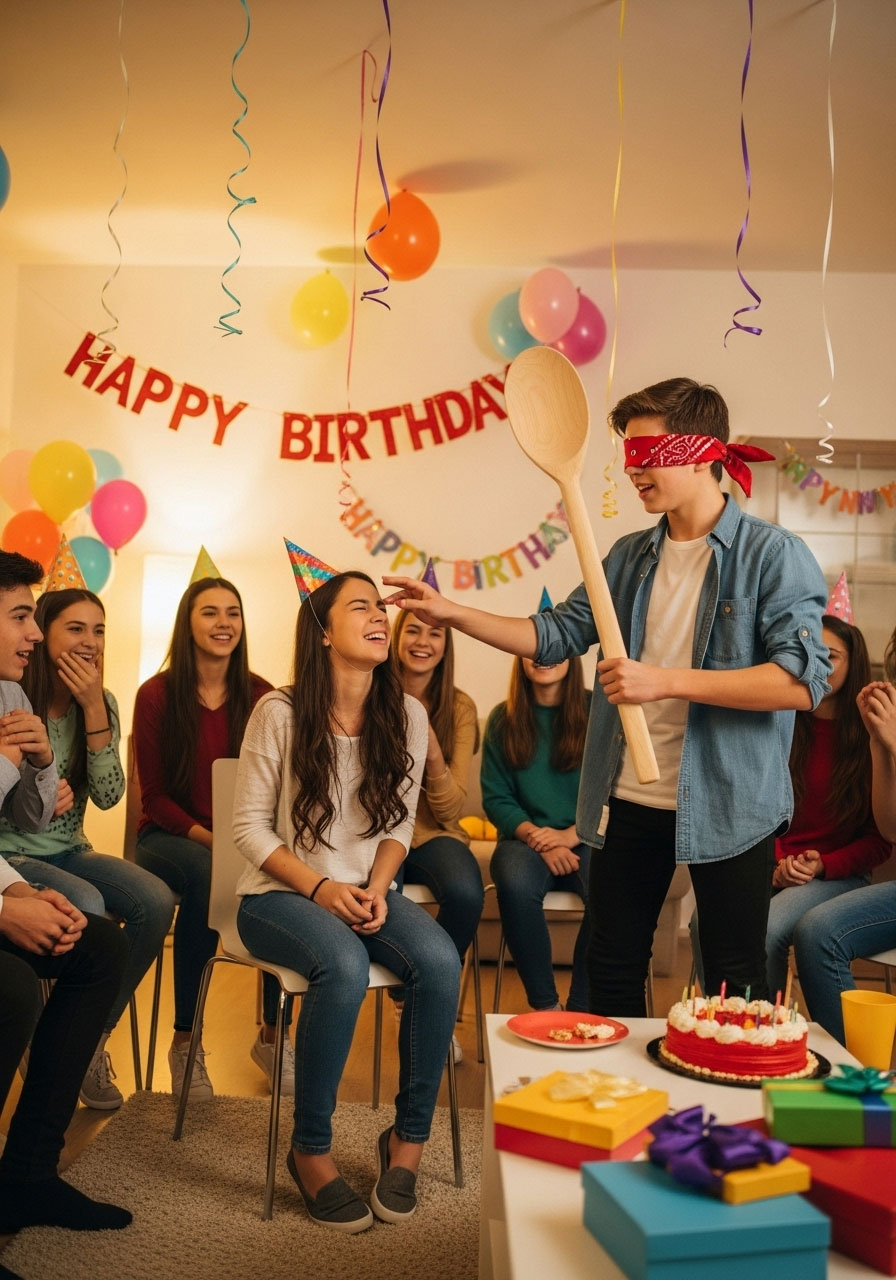 Blindfolded teenager with wooden spoon playing duck detective party game