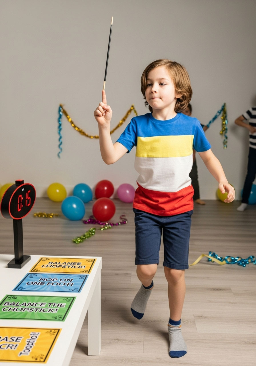 Wand balance challenge game on finger while doing tasks for Harry Potter birthday party coordination activity