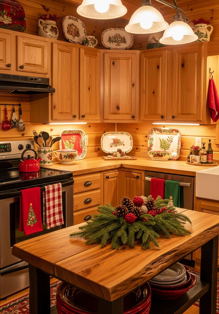 Rustic cabin kitchen with wood cabinets decorated for Christmas with festive towels, evergreen centerpiece, and holiday serving platters