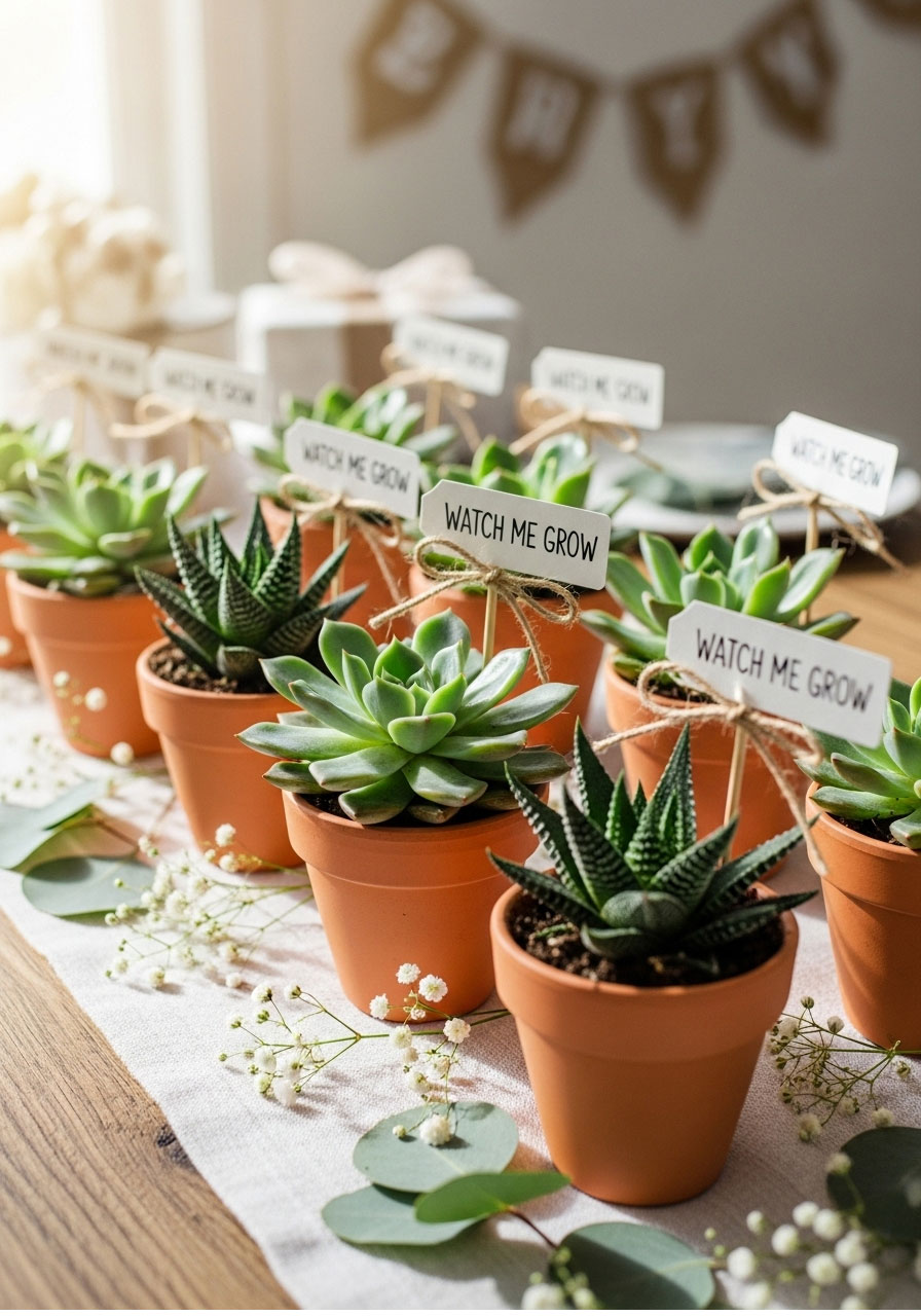 Charming "Watch Me Grow" succulent favors in terracotta pots, ideal for a greenery-themed baby shower.