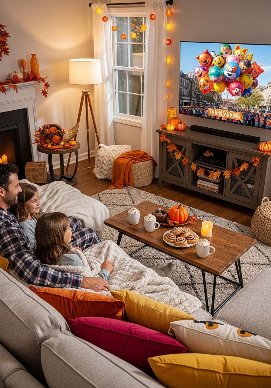 Family cozily watching the Macy's Thanksgiving Day Parade on TV with hot chocolate and blankets in their living room