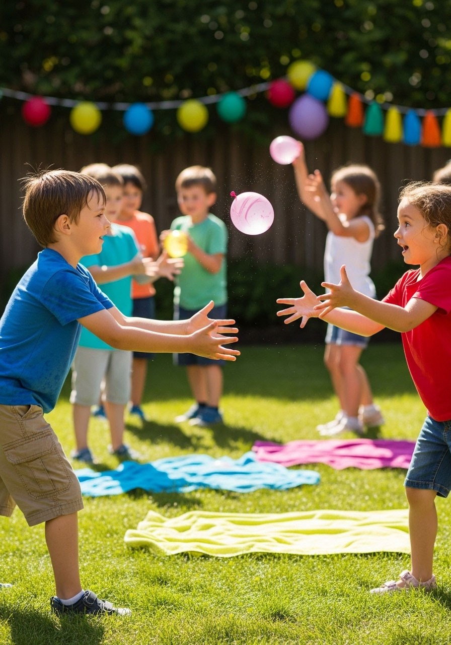 Kindergarten children carefully tossing water balloon at outdoor summer birthday party game